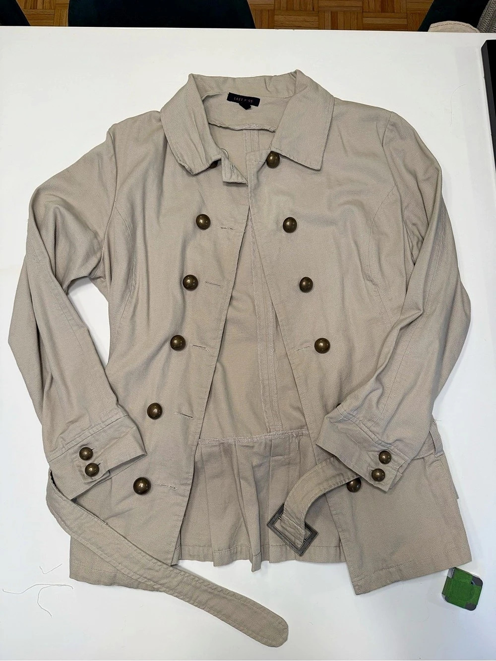 Last Kiss Cropped Double Breasted Peplum Trench Jacket Coat with Belt Khaki XL